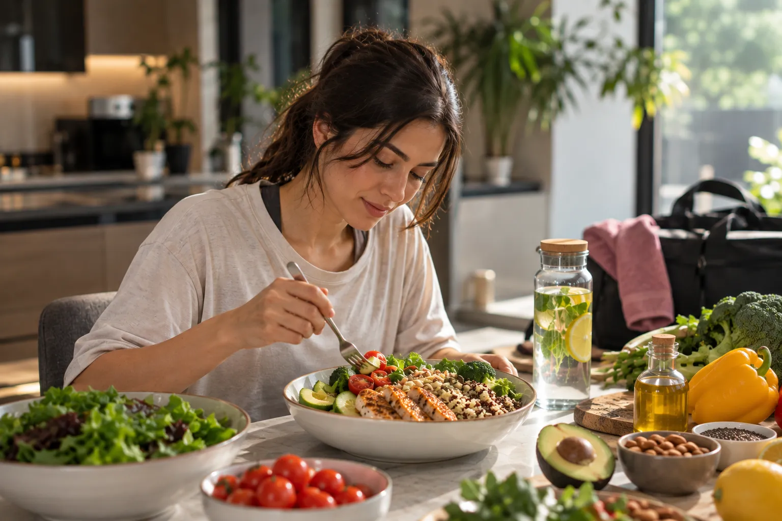 بانوی ورزشکار در حال مصرف وعده غذایی سالم و متعادل